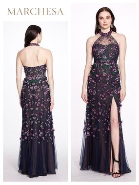 MARCHESA NOTTE 3D Floral Appliqué Halter Gown
